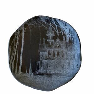 Halloween Haunted House Salad Plates 8in Matte Black 4pc Made in Columbia NEW